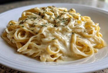 Close-up of fettuccine pasta generously coated in rich Olive Garden Alfredo Sauce and sprinkled with dried herbs.