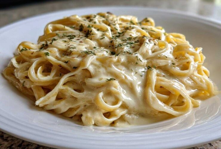 Close-up of fettuccine pasta generously coated in rich Olive Garden Alfredo Sauce and sprinkled with dried herbs.