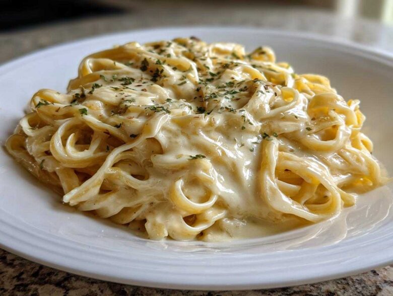 Close-up of fettuccine pasta generously coated in rich Olive Garden Alfredo Sauce and sprinkled with dried herbs.