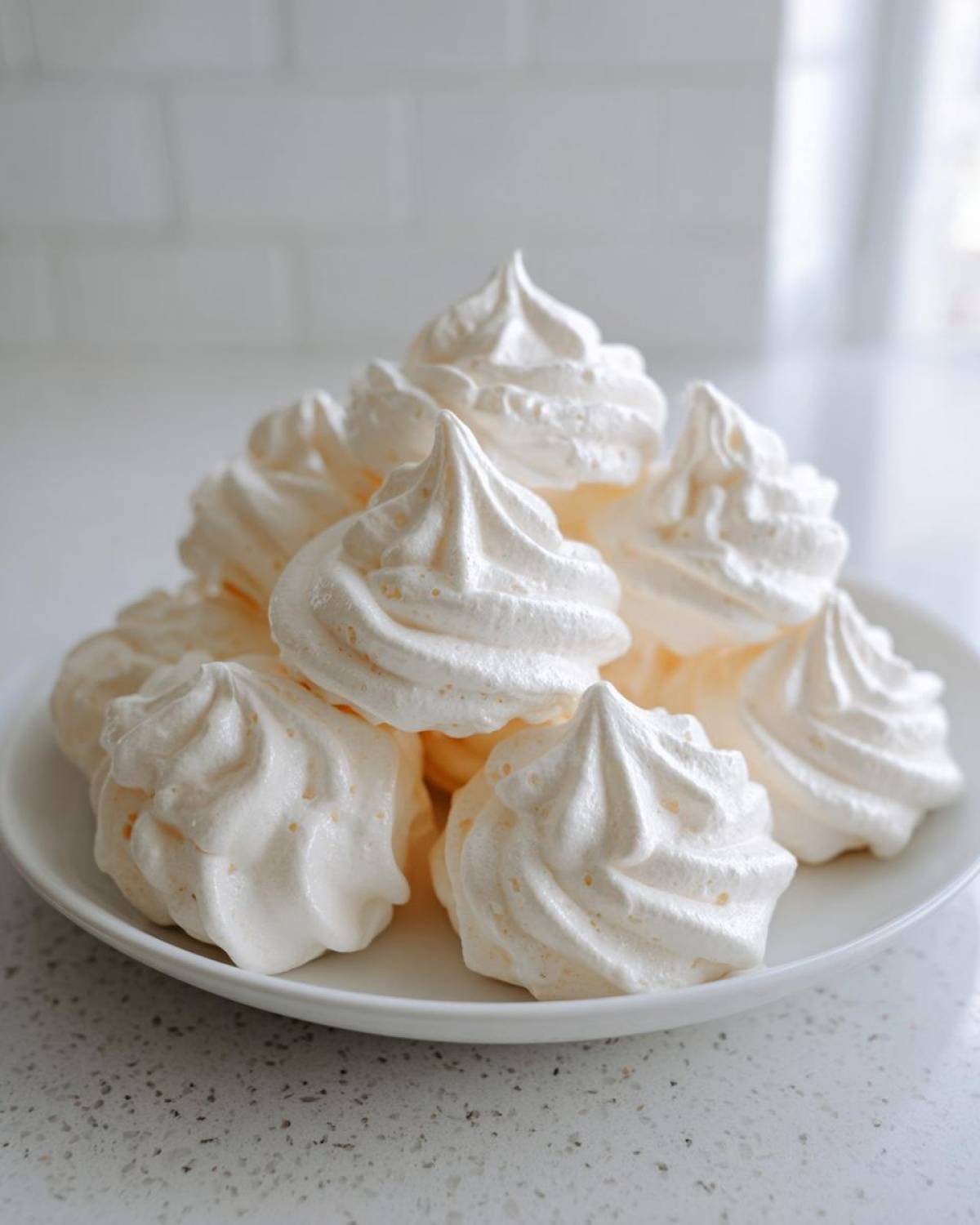 A pile of freshly baked, white, swirled meringue cookies stacked on a simple white plate.
