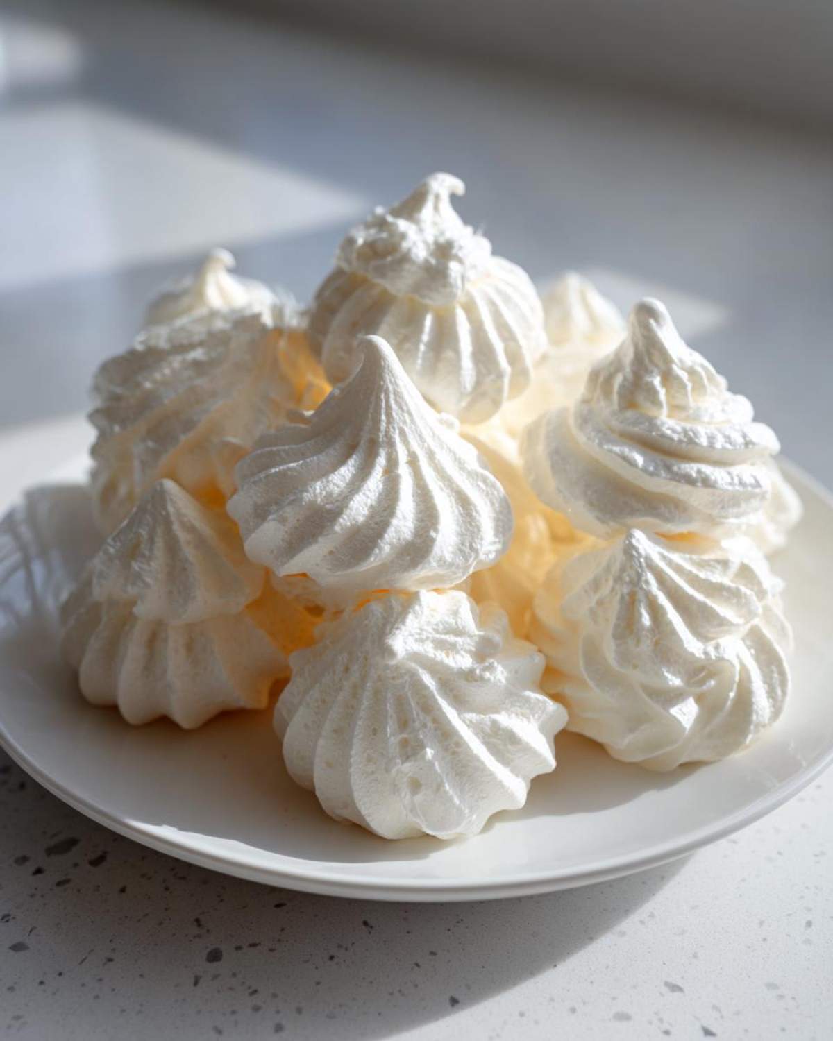 A close-up of several perfectly piped white meringue cookies piled high on a white plate.