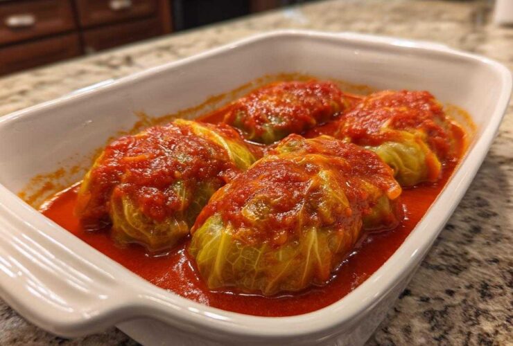 Four delicious cabbage rolls simmering in a vibrant red tomato sauce inside a white baking dish.