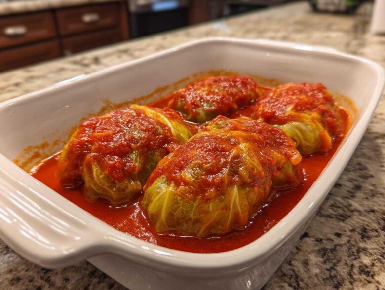 Four delicious cabbage rolls simmering in a vibrant red tomato sauce inside a white baking dish.