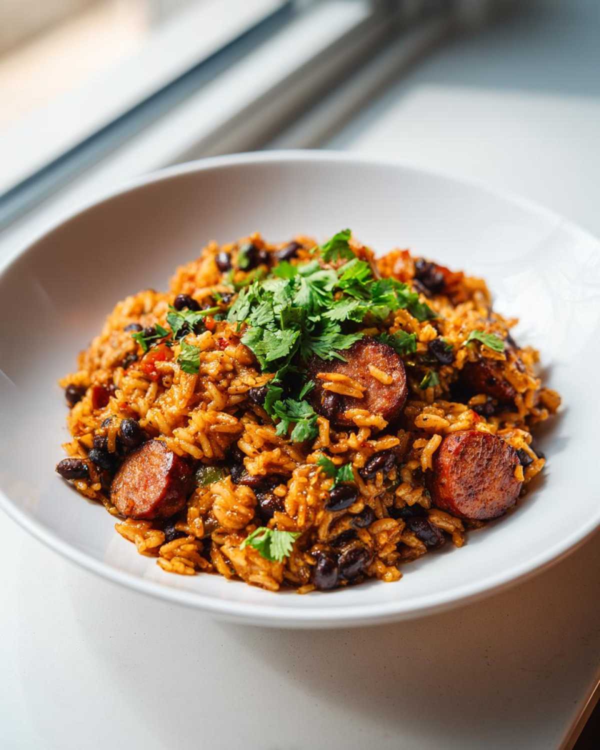 A close-up of a white bowl filled with flavorful black beans and rice mixed with sliced sausage and topped with fresh cilantro.