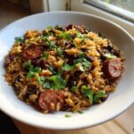 A white bowl filled with seasoned black beans and rice mixed with slices of smoked sausage and topped with fresh cilantro.