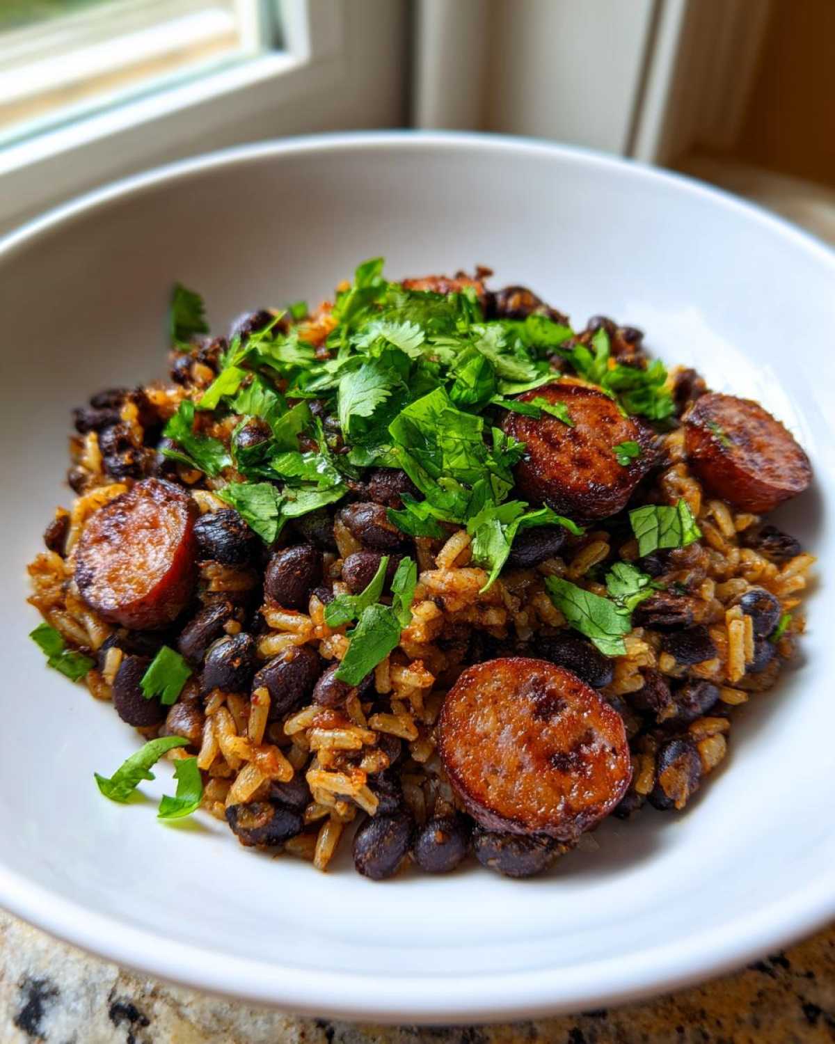 A white bowl filled with seasoned black beans and rice, topped with slices of browned sausage and fresh cilantro.