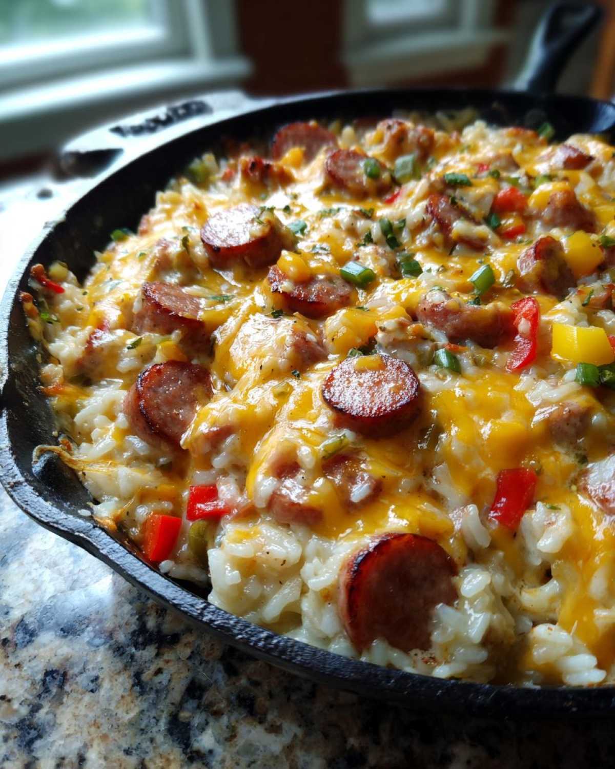 Close-up of cheesy, baked sausage and rice casserole topped with sliced smoked sausage and peppers in a black skillet.