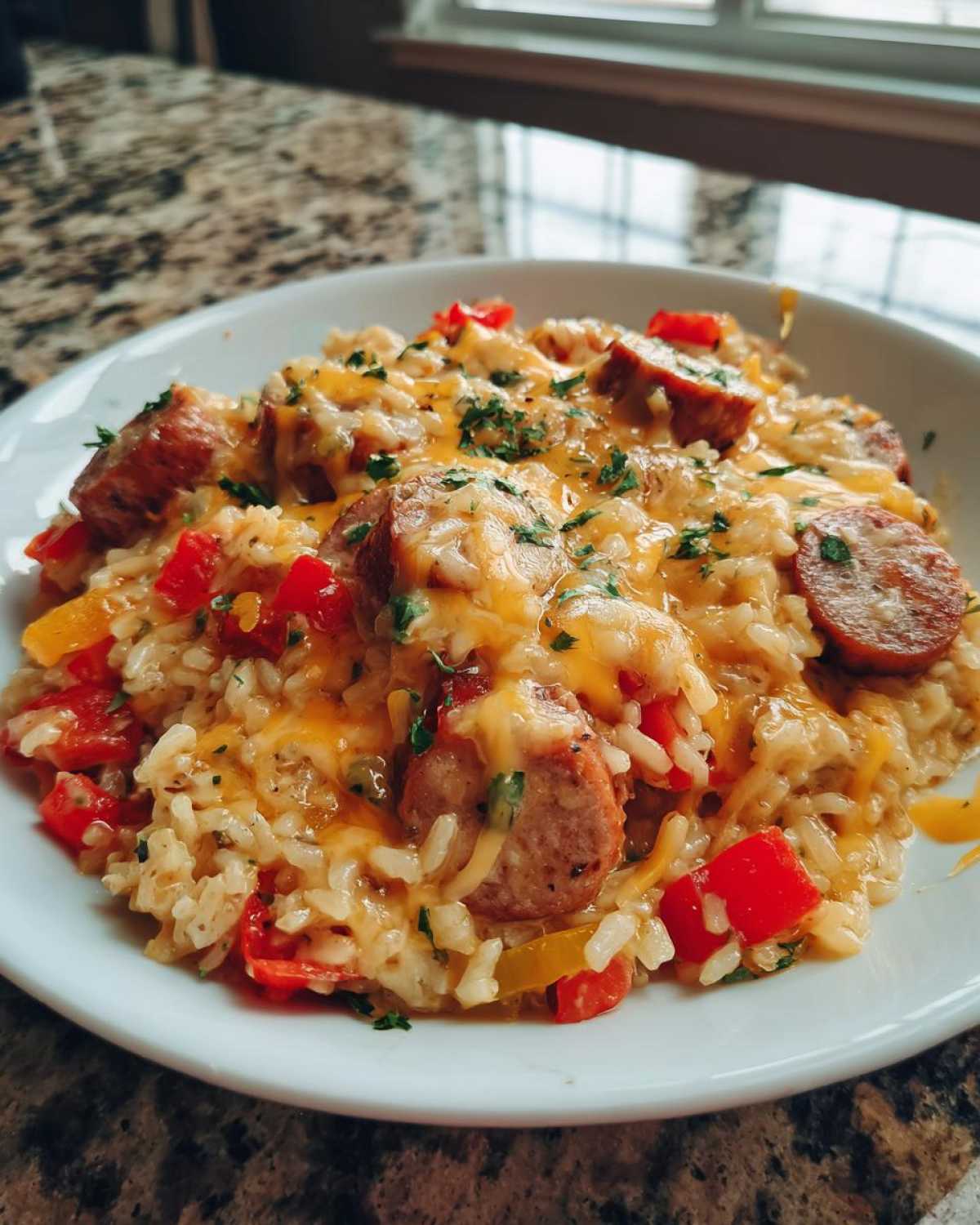 A close-up of a white bowl filled with cheesy sausage and rice, featuring sliced sausage and red bell peppers.