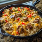 Close-up of cheesy one-pot sausage and rice with peppers in a black cast iron skillet.