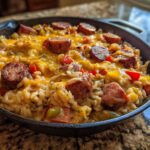 Close-up of cheesy one-pot sausage and rice dish topped with sliced smoked sausage in a black skillet.