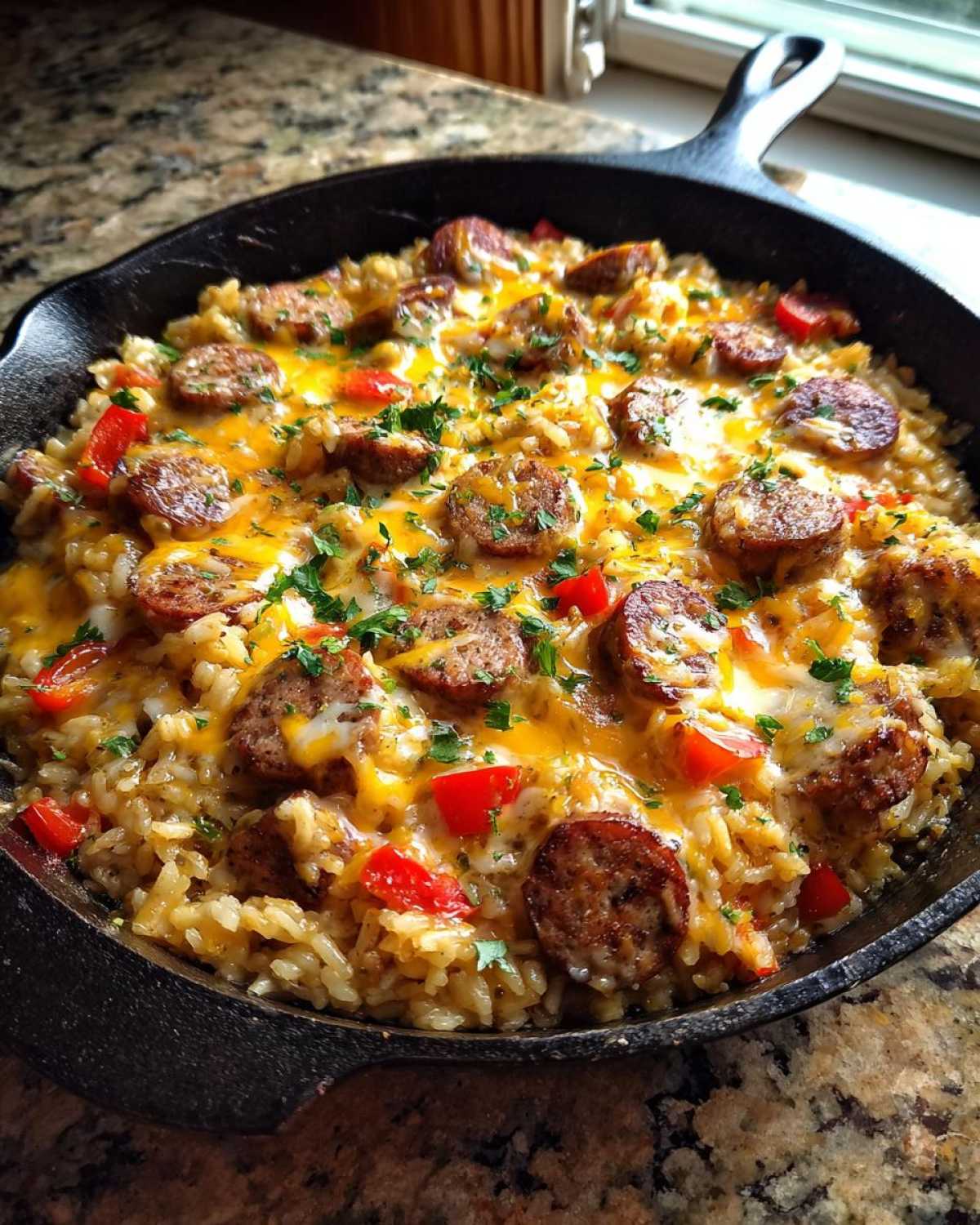 Close-up of cheesy one-pot sausage and rice topped with melted cheddar and fresh parsley in a black skillet.