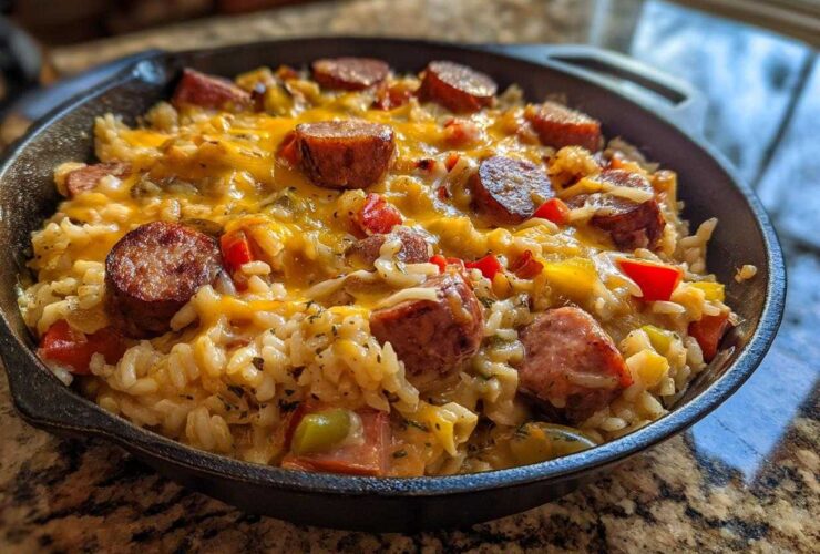 Close-up of cheesy one-pot sausage and rice dish topped with sliced smoked sausage in a black skillet.