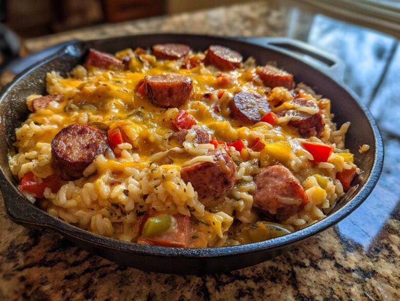 Close-up of cheesy one-pot sausage and rice dish topped with sliced smoked sausage in a black skillet.
