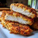 Close-up of perfectly cooked parmesan crusted chicken, showing the juicy white interior and golden, herbed crust.