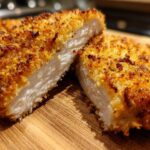 Close-up of perfectly cooked parmesan crusted chicken, sliced to show the juicy white interior.