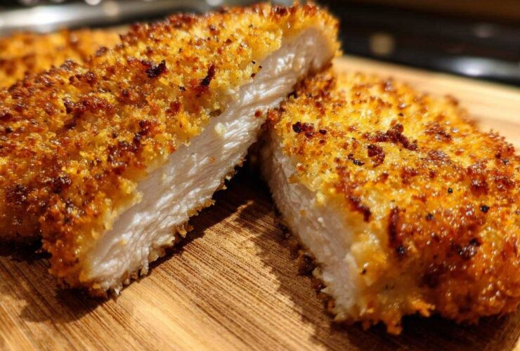 Close-up of perfectly cooked parmesan crusted chicken, sliced to show the juicy white interior.