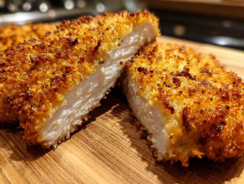 Close-up of perfectly cooked parmesan crusted chicken, sliced to show the juicy white interior.