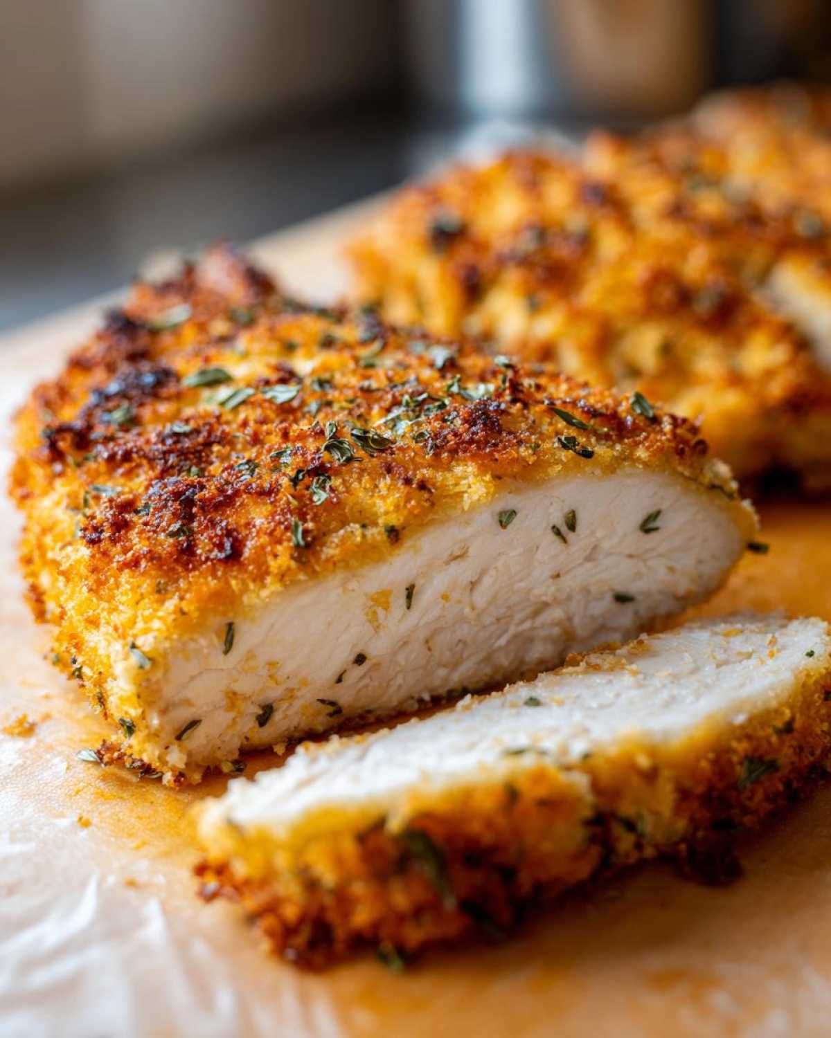 Close-up of juicy parmesan crusted chicken, sliced to show the white interior and golden, herb-flecked crust.