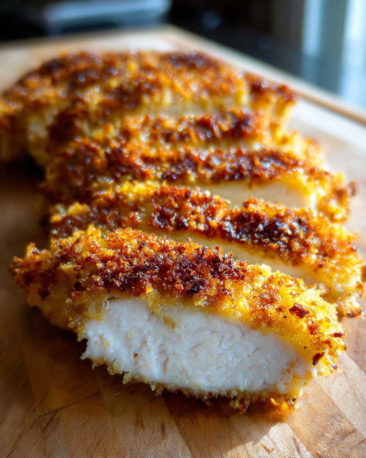 Close-up of juicy parmesan crusted chicken breast sliced to show white, tender interior and golden-brown crust.