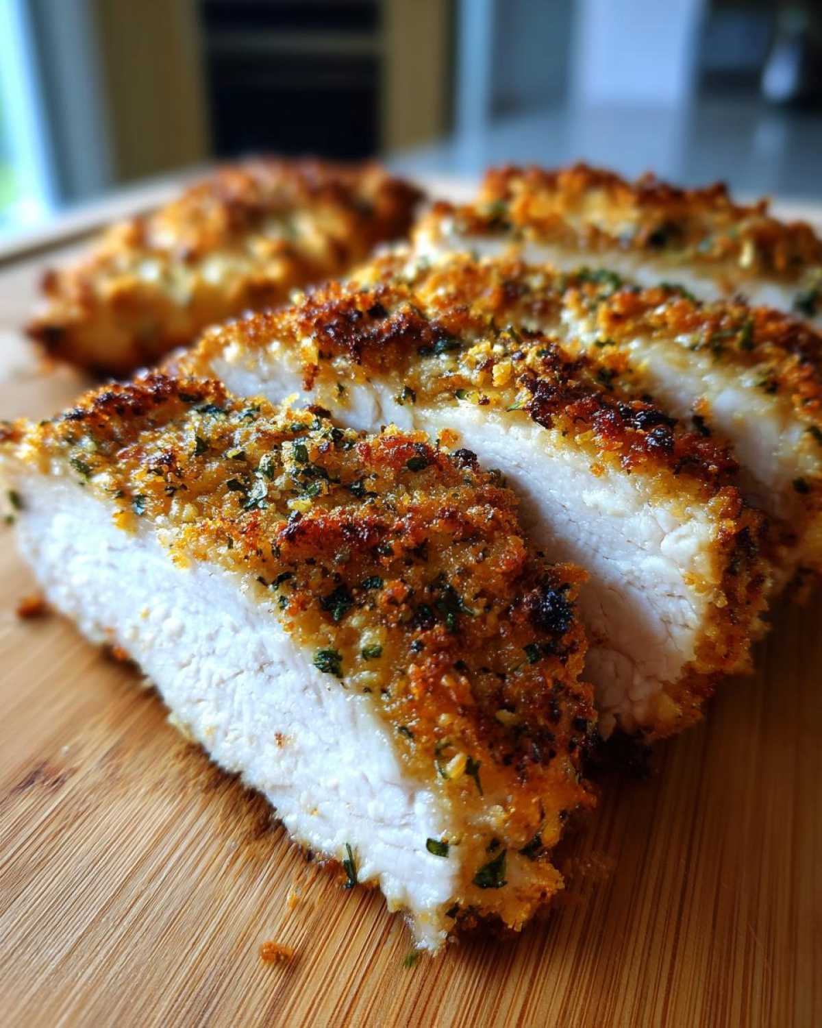 Close-up of sliced parmesan crusted chicken showing juicy white meat and golden, herbed crust.