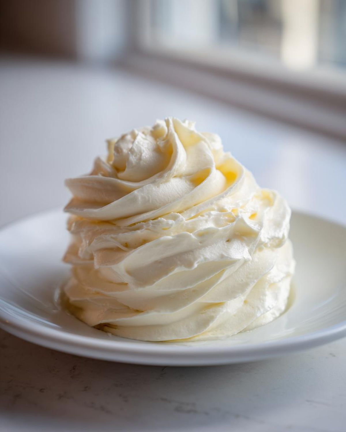 A tall, perfectly piped swirl of rich cream cheese frosting sitting on a small white plate.