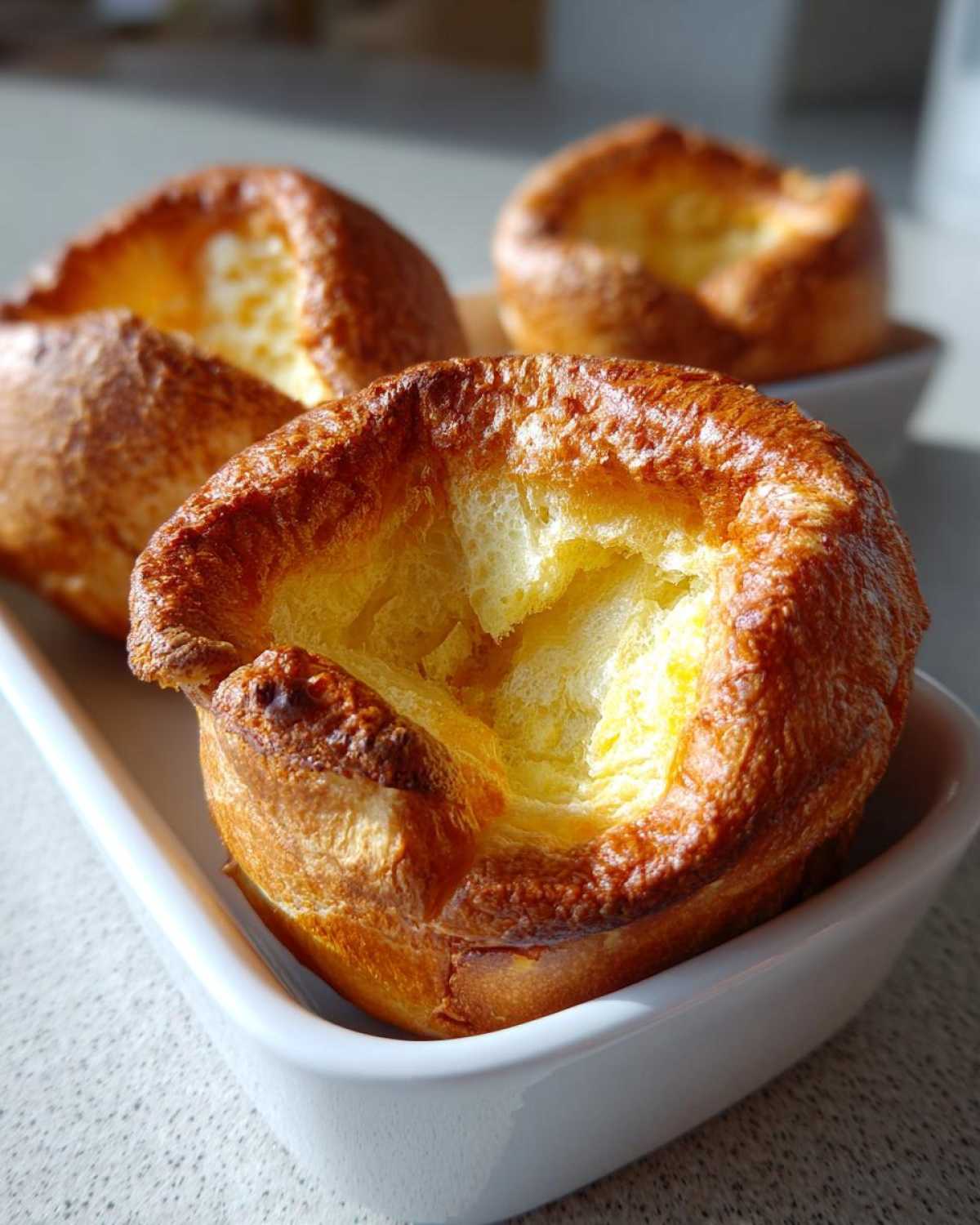 Close-up of a golden brown, perfectly risen Yorkshire pudding with a deep well inside.