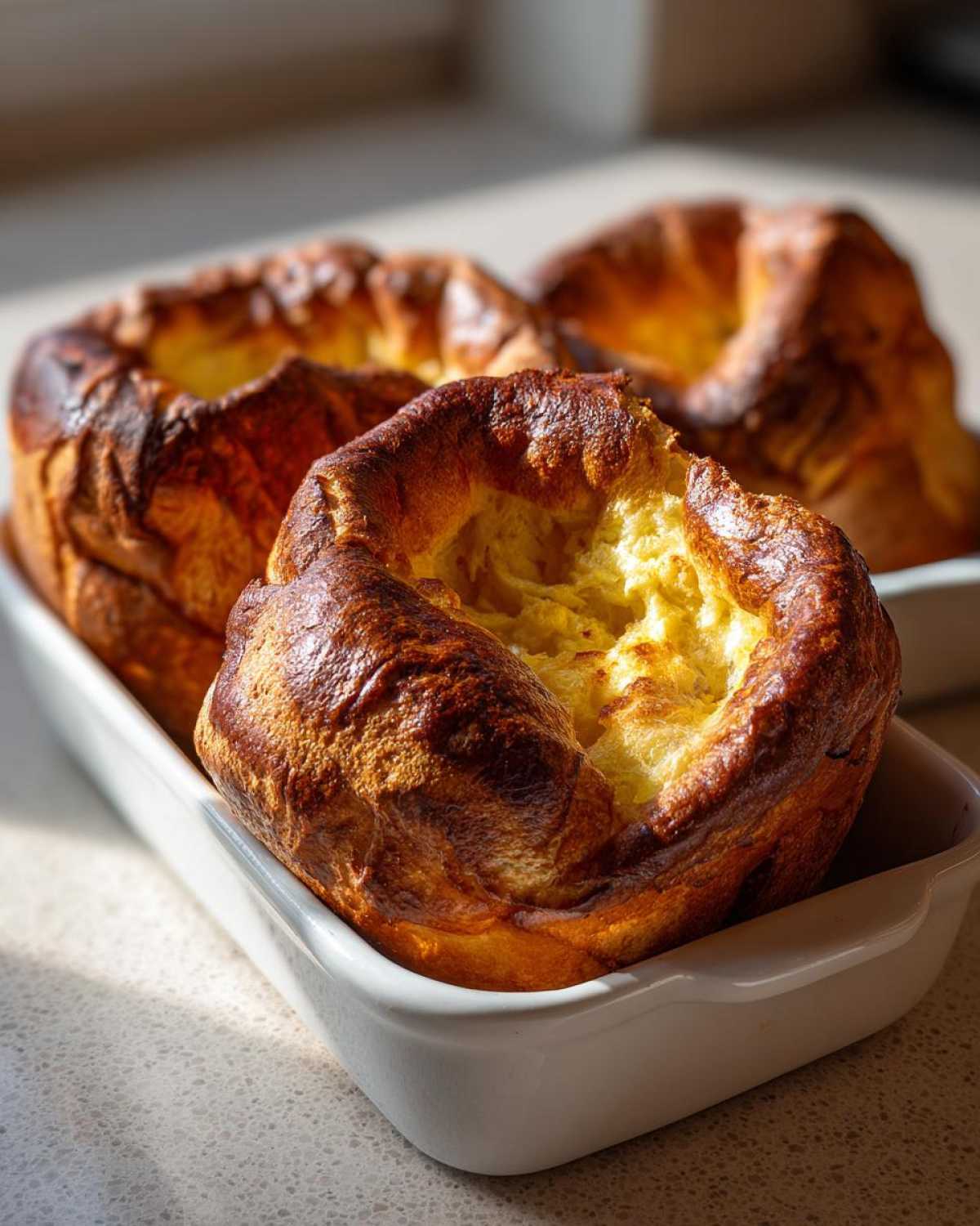 Close-up of golden brown, puffed Yorkshire pudding baked in a white ceramic dish.