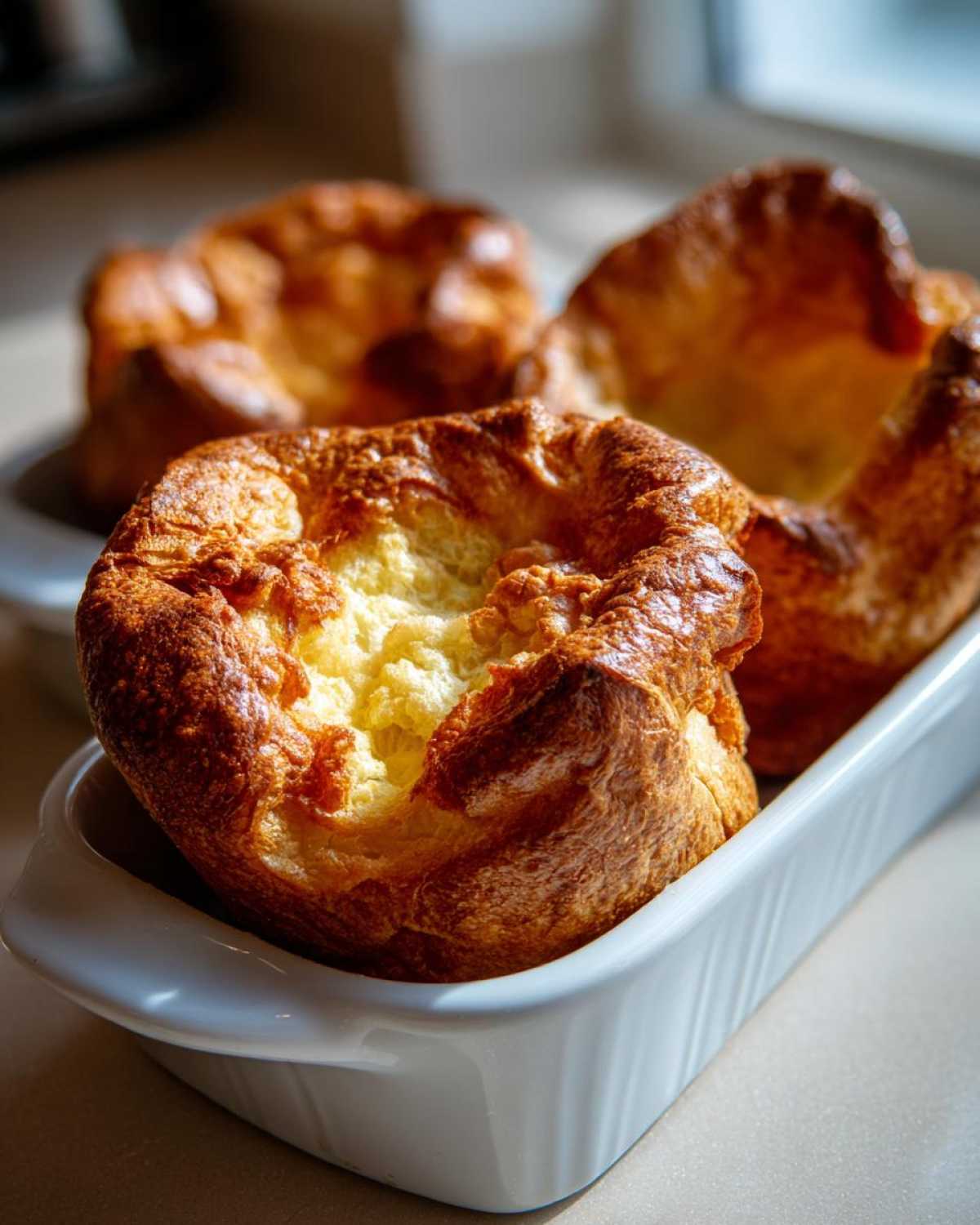 Close-up of a perfectly risen, golden brown Yorkshire pudding sitting in a white ceramic baking dish.