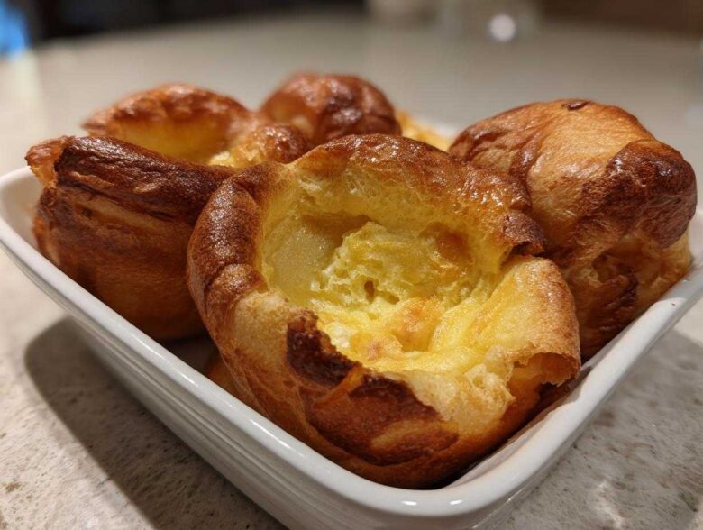 A close-up of several golden brown, perfectly risen Yorkshire pudding baked in a white rectangular dish.
