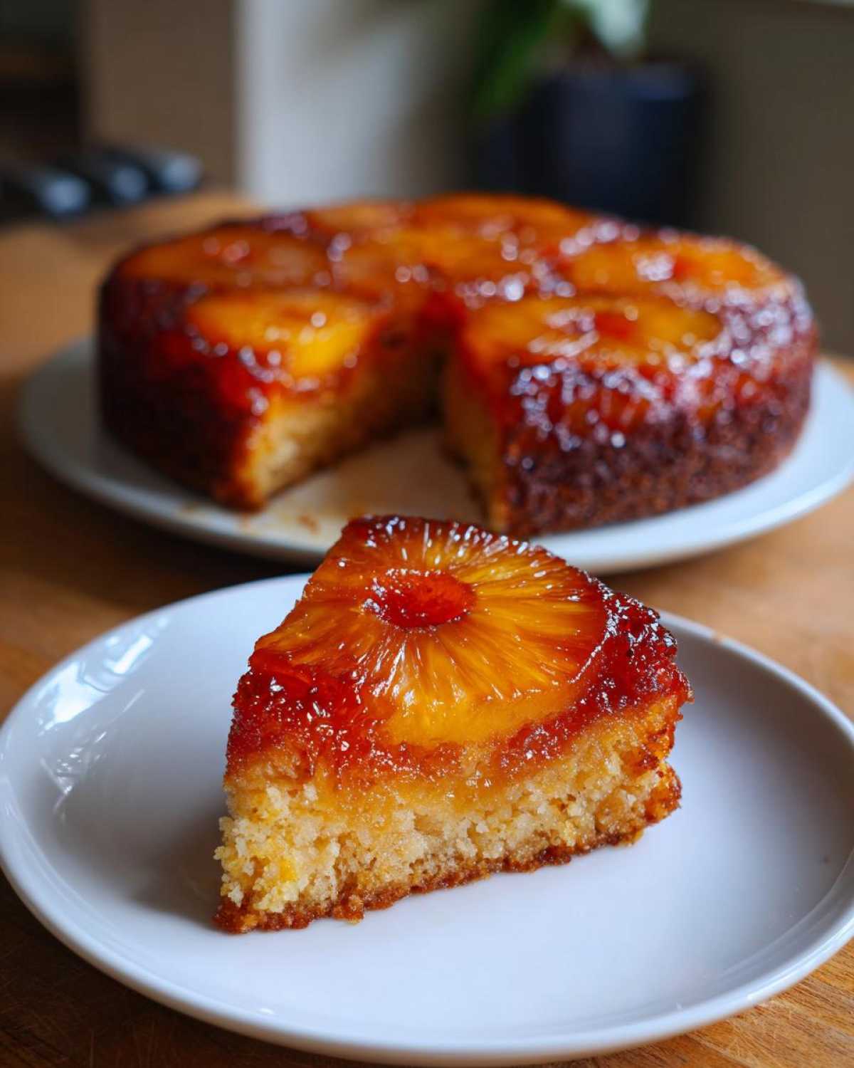 A moist slice of pineapple upside down cake with a caramelized pineapple ring on top, served on a white plate.