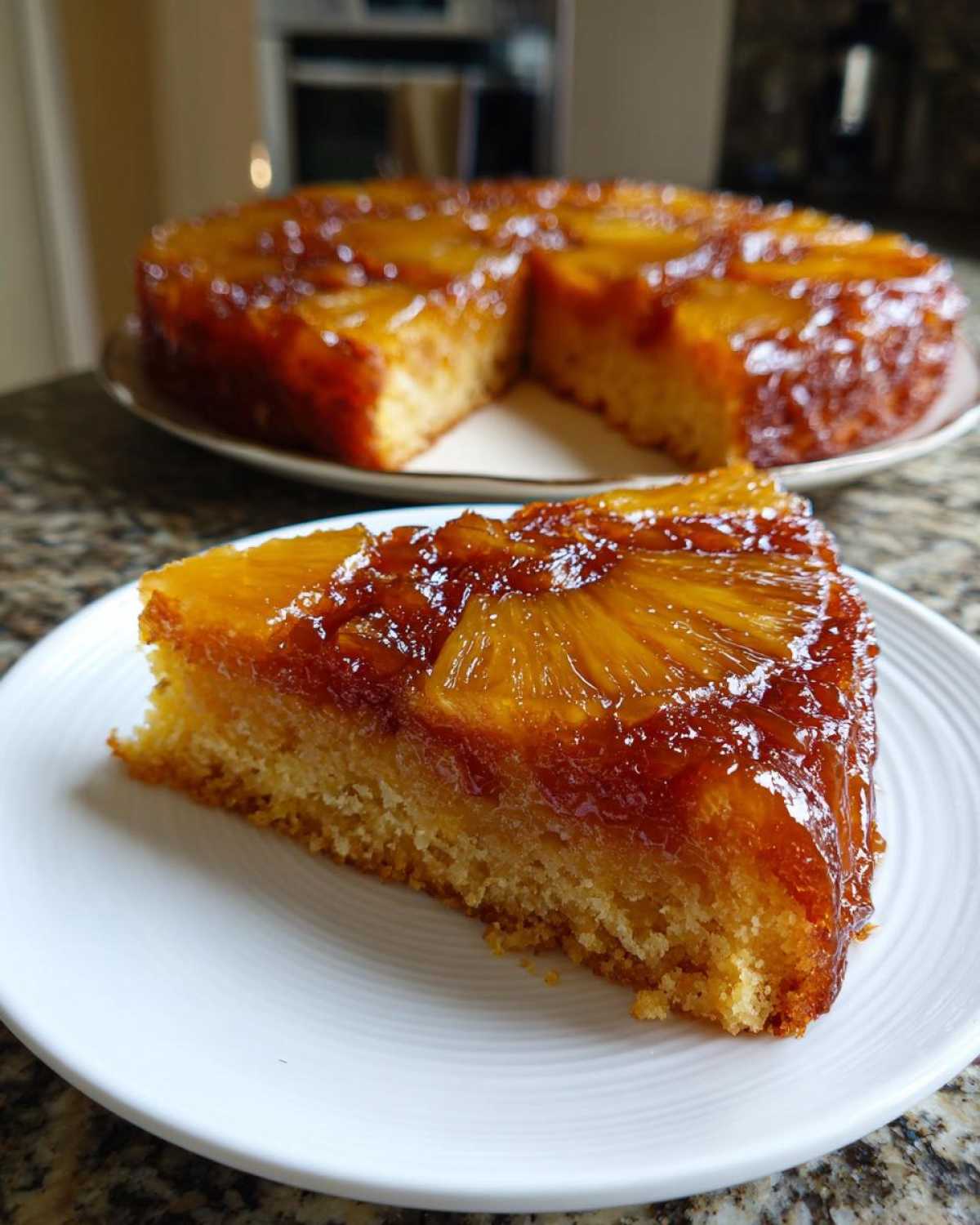 A close-up slice of moist pineapple upside down cake with a caramelized topping.