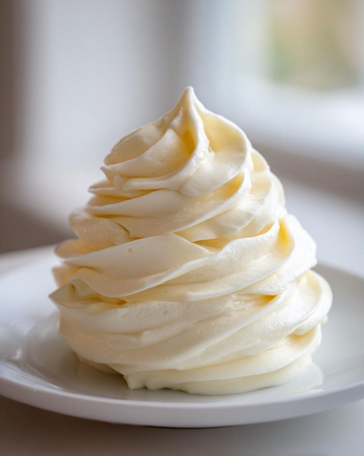 A tall, perfectly piped swirl of smooth, pale yellow cream cheese frosting sitting on a white plate.