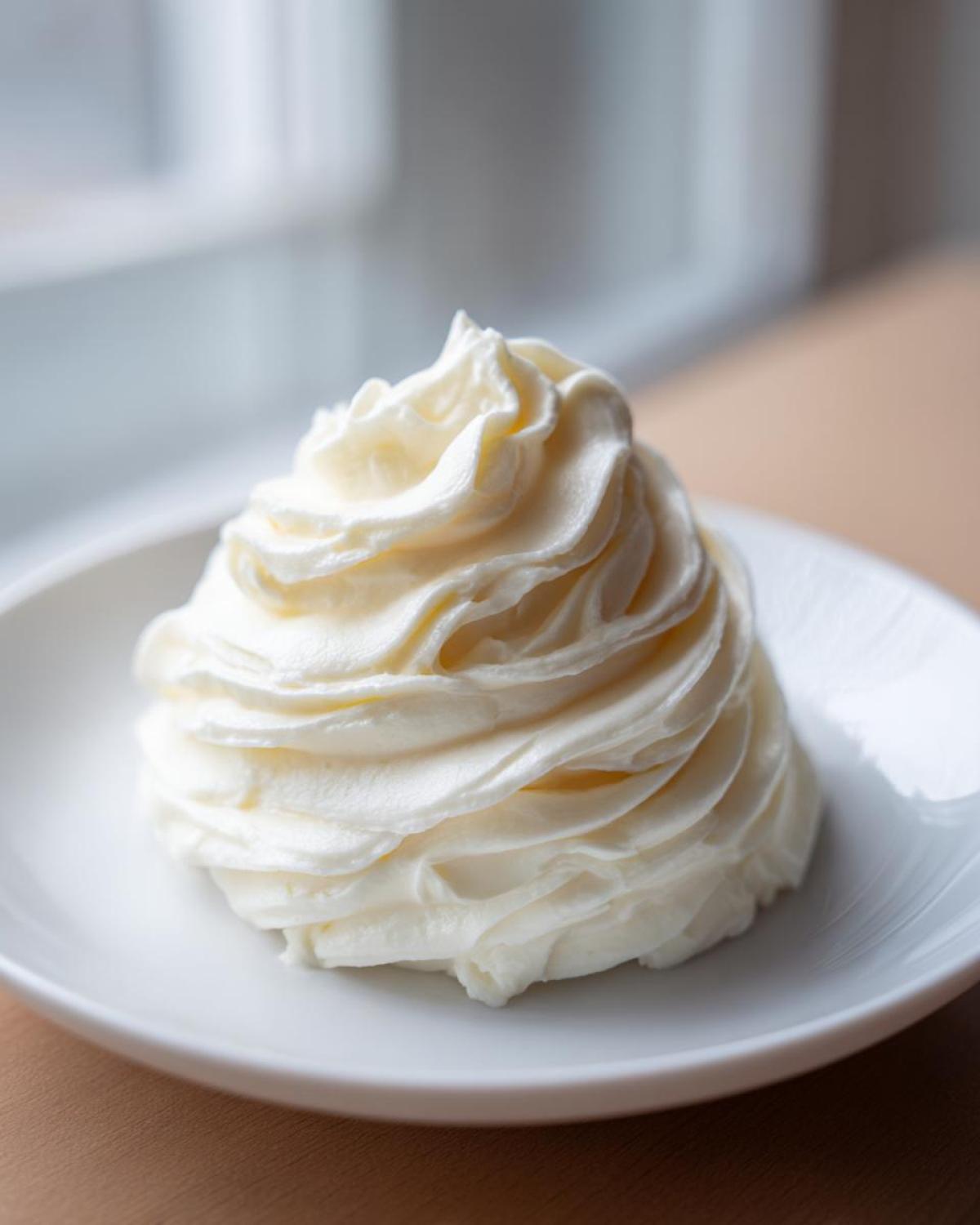 A perfectly piped swirl of rich, white cream cheese frosting sitting on a small white plate.