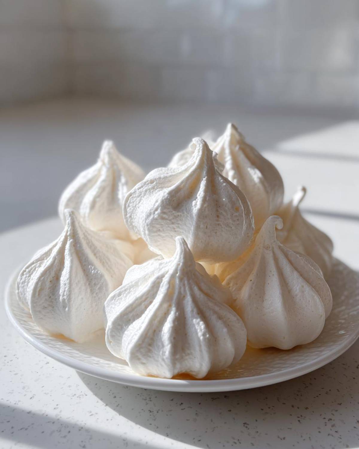A pile of freshly piped, crisp white meringue cookies served on a white plate under bright sunlight.