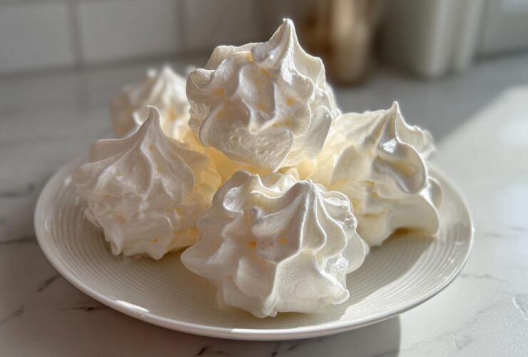 A close-up of several perfectly piped, white meringue cookies stacked on a small white plate.