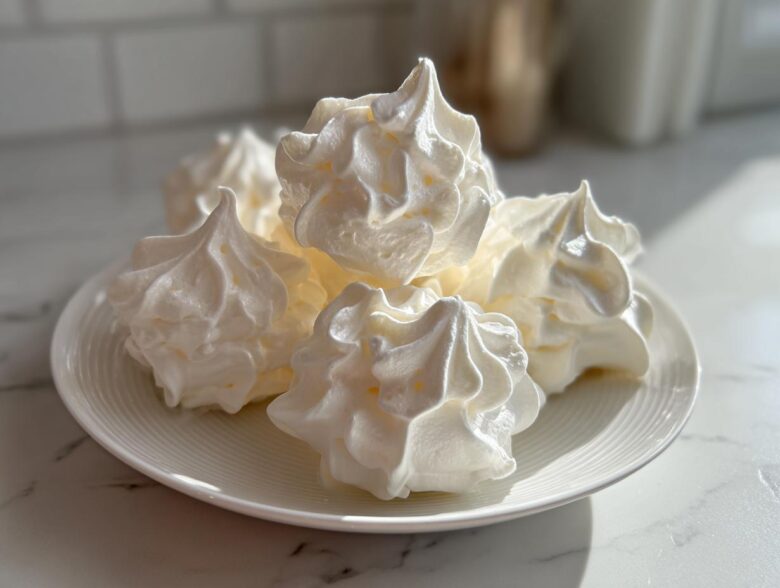 A close-up of several perfectly piped, white meringue cookies stacked on a small white plate.