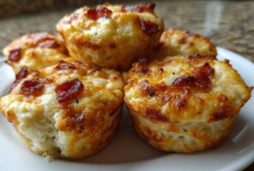A close-up of several golden-brown Pizza Muffins topped with melted cheese and crispy bacon bits served on a white plate.