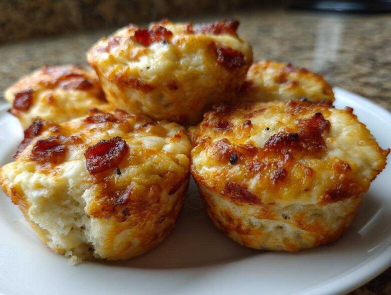 A close-up of several golden-brown Pizza Muffins topped with melted cheese and crispy bacon bits served on a white plate.