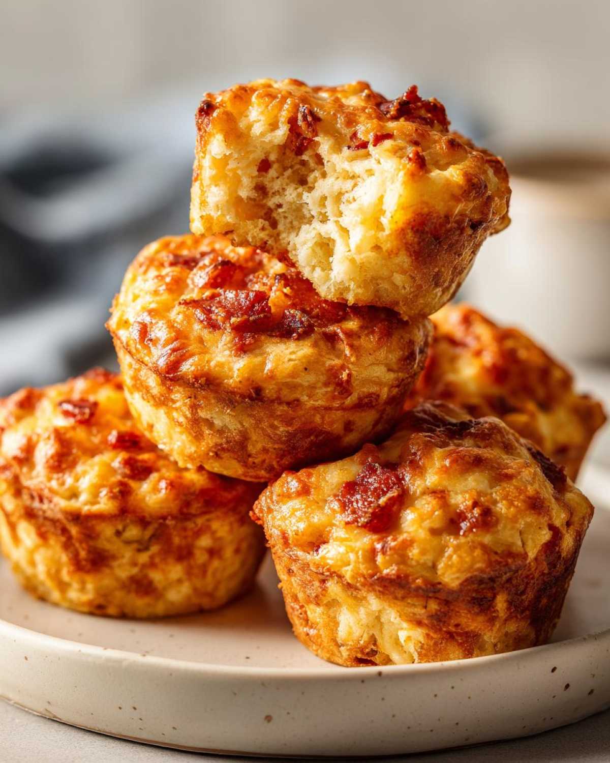 A stack of four golden brown pizza muffins, with the top one broken open to show the fluffy interior.