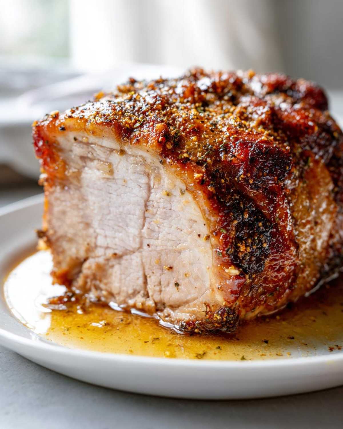 Close-up of a perfectly cooked pork loin roast slice showing juicy interior and seasoned crust resting in pan juices.