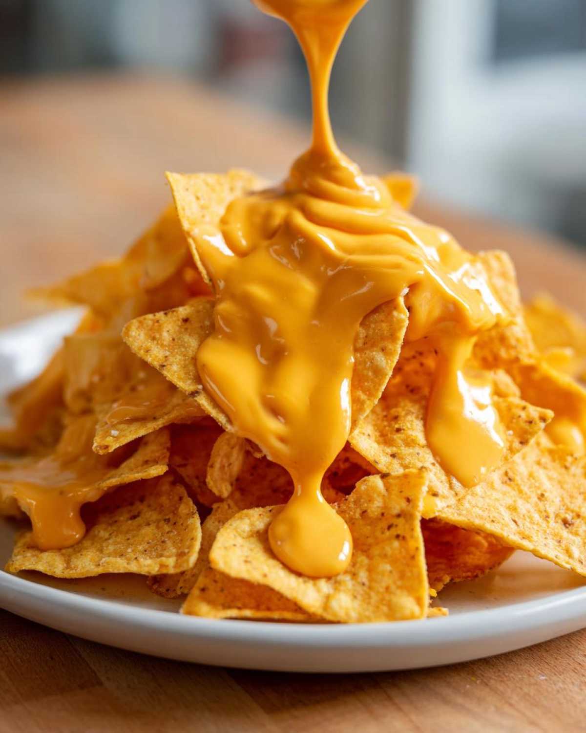 A close-up of thick, bright orange nacho cheese sauce being poured over a large pile of tortilla chips.