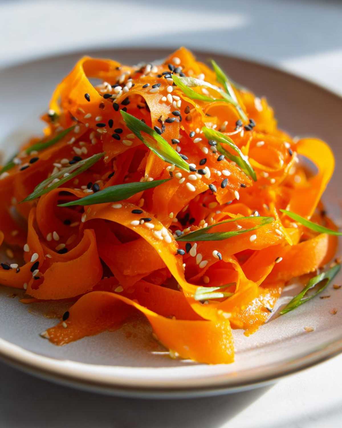 Close-up of a vibrant raw carrot salad made with shaved carrot ribbons, topped with black and white sesame seeds and green onions.
