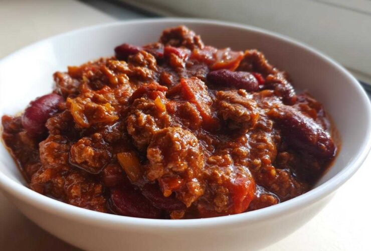 Close-up of a hearty bowl of rich, saucy crockpot chili filled with ground meat and kidney beans.