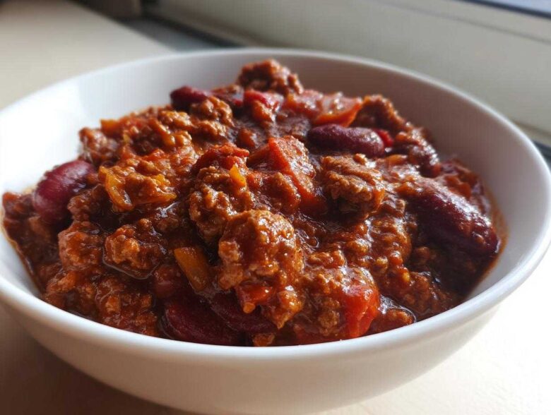 Close-up of a hearty bowl of rich, saucy crockpot chili filled with ground meat and kidney beans.