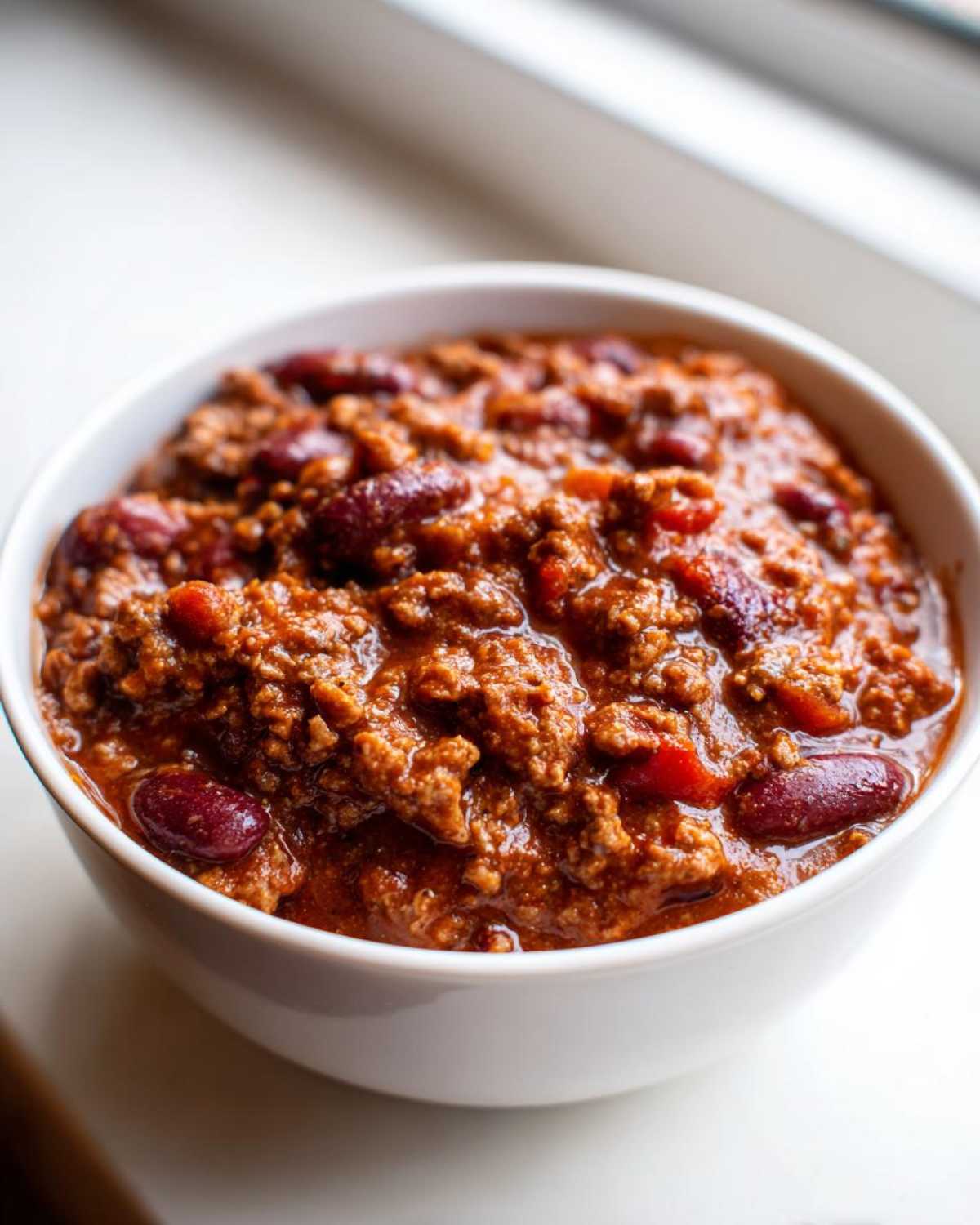 Close-up of a white bowl filled with thick, hearty crockpot chili featuring ground meat and dark red kidney beans.