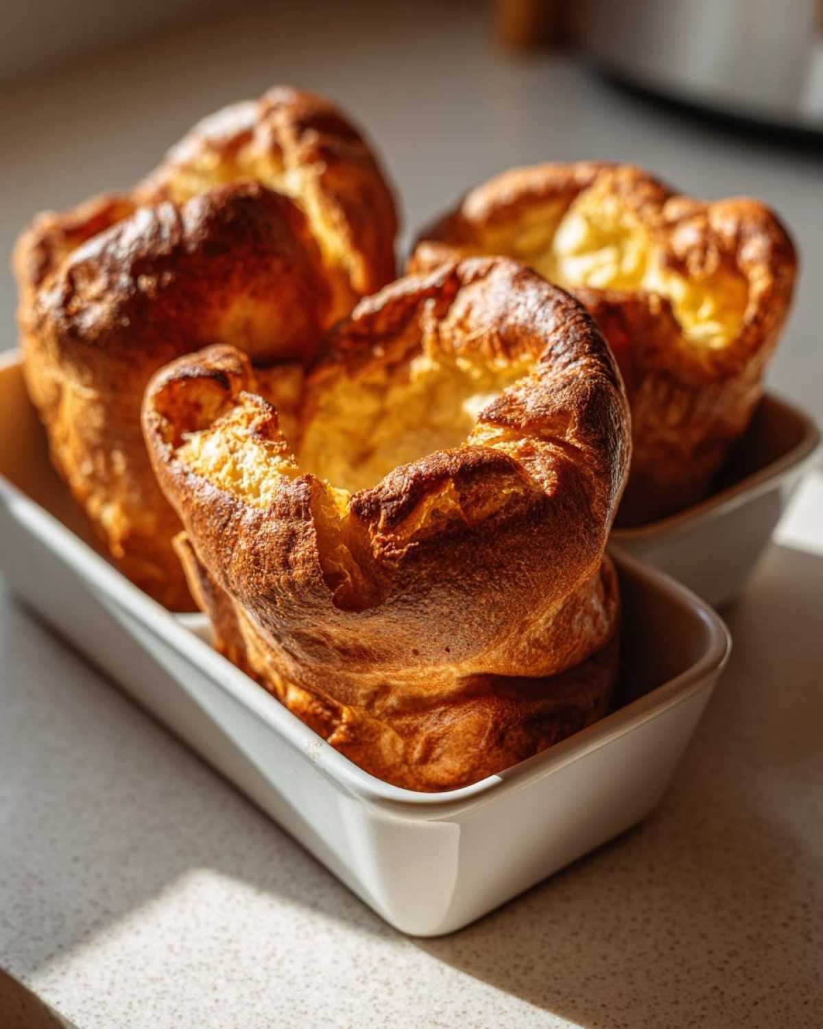 Four golden brown, tall, and perfectly risen yorkshire pudding resting in a white rectangular baking dish.