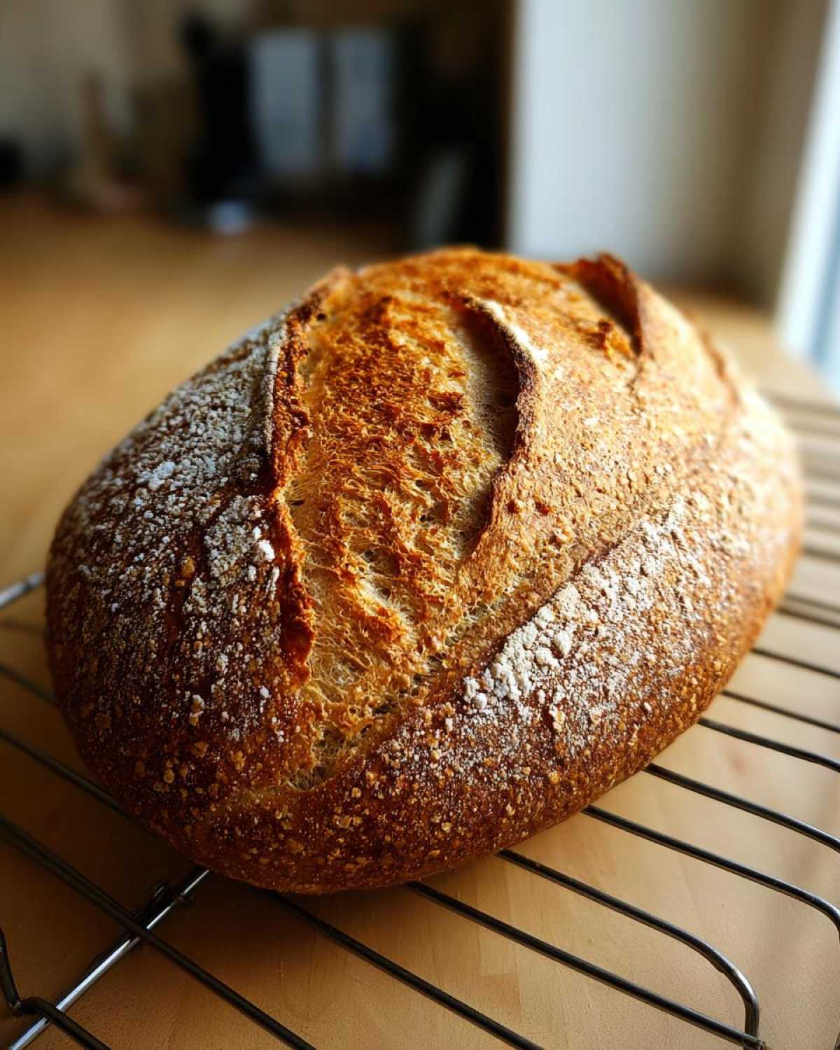 A rustic, golden-brown loaf of whole wheat bread cooling on a wire rack, lightly dusted with flour.