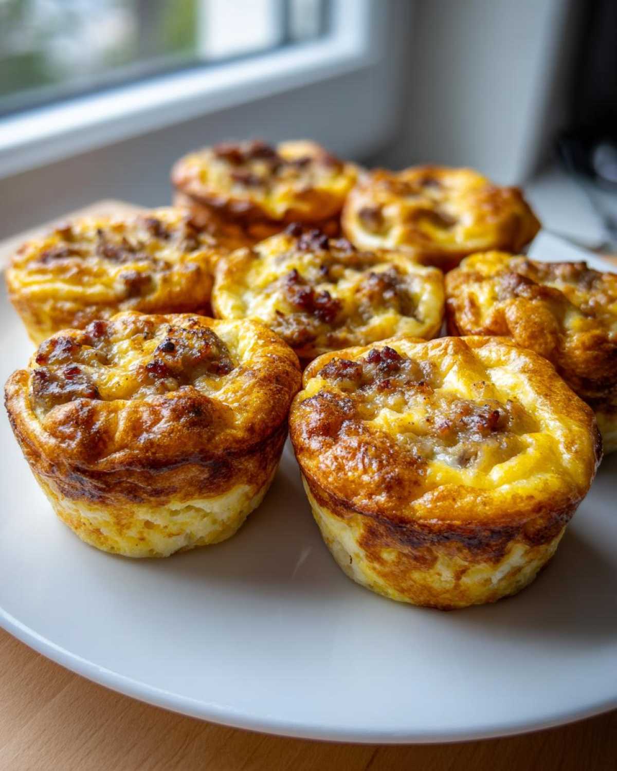 A plate holding several golden brown sausage Egg Muffin Cups fresh from the oven.