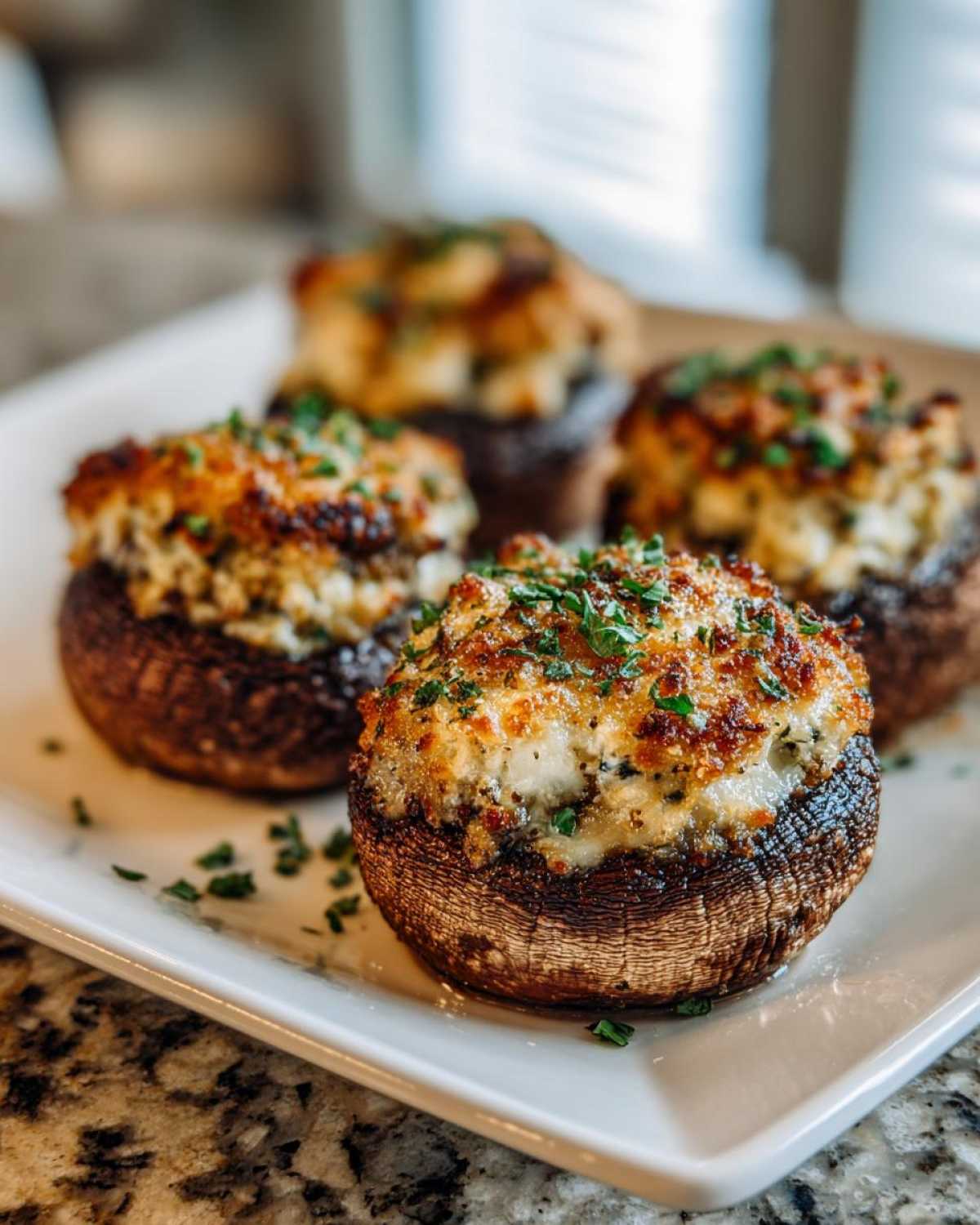 Four golden brown Sausage stuffed mushrooms topped with melted cheese and fresh parsley on a white square plate.