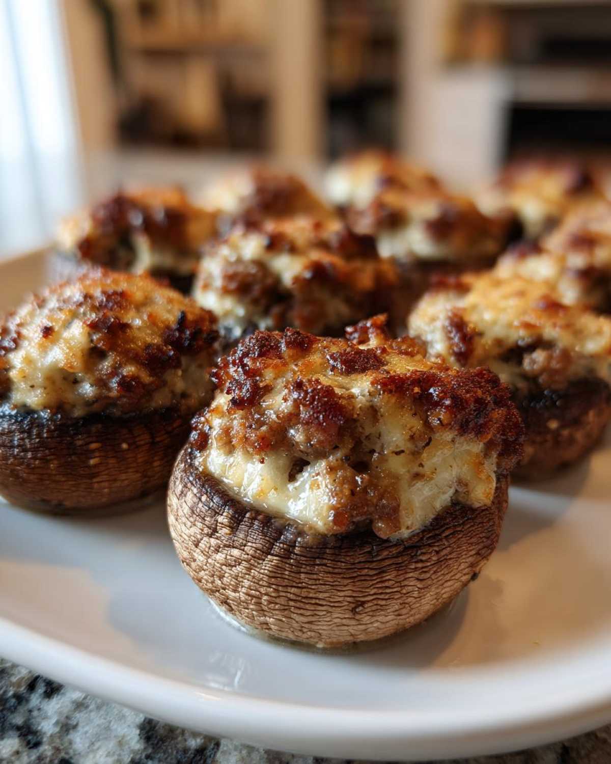 A close-up of several freshly baked Sausage stuffed mushrooms with browned, cheesy tops served on a white plate.